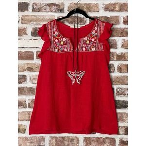 PLUS SIZE ANDREE BY UNIT EMBROIDERED BOHO BABYDOLL TUNIC TOP RED TOMATO 1X